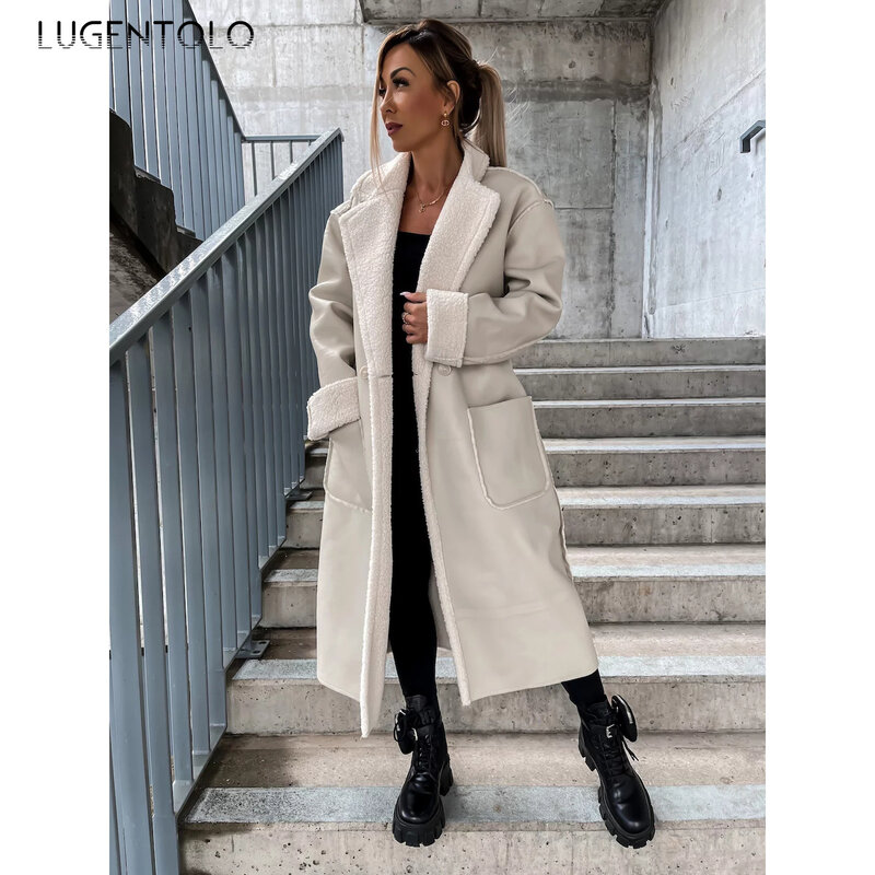 Women New Thickened PU Faux Leather Autumn Winter Loose Cardigan Lace-up Pocket Female Casual Lapel Fashion Long Coats