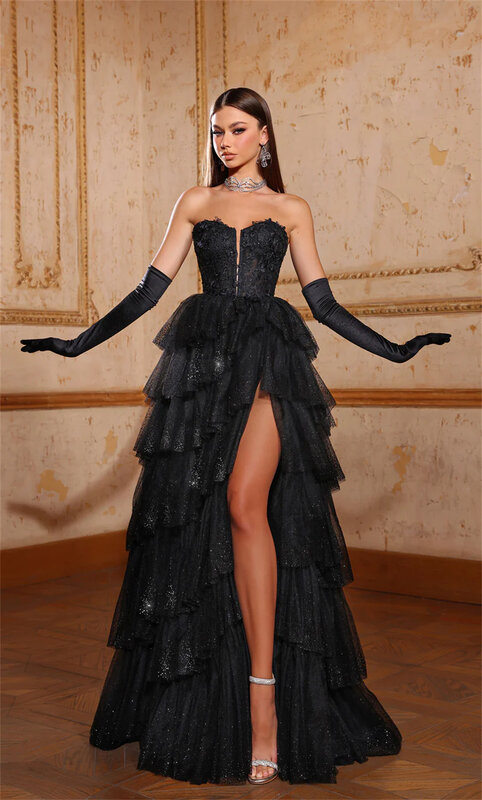 제시카 블랙 레이스 자수 무도회 드레스, 반짝이 얇은 명주 그물 레이어링 무도회 원피스, 격식 있는 파티 드레스