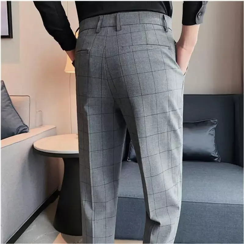 2024 High Quality Men's Formal Pants Office Social Business Fashion Plaid Suit Pants Casual Slim Wedding Street Wear Trousers 38