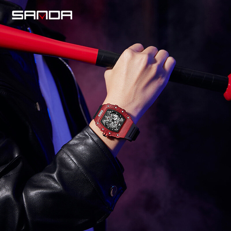 SANDA-Relógio quadrado oco legal para homens, Shi Ying, calendário luminoso, moda casual, novo