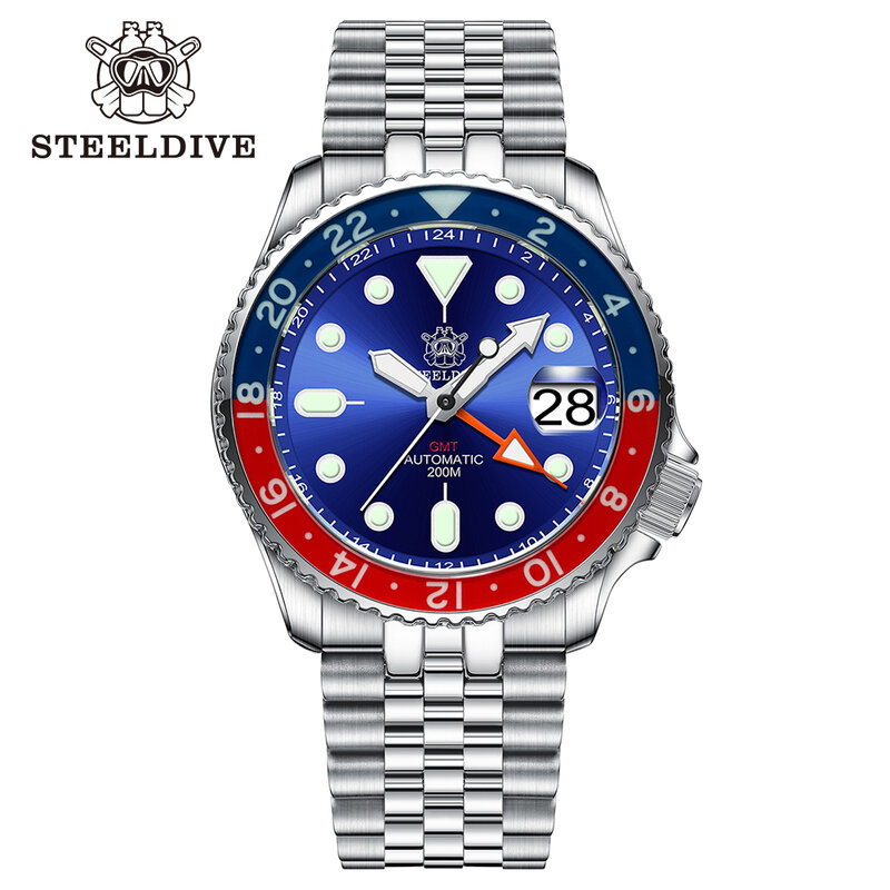 STEELDIVE-Relógio impermeável Super Luminous Sapphire Bezel Mergulho para Homens, Automatic Chronograph, Novo, 42mm, 200m, NH34, GMT