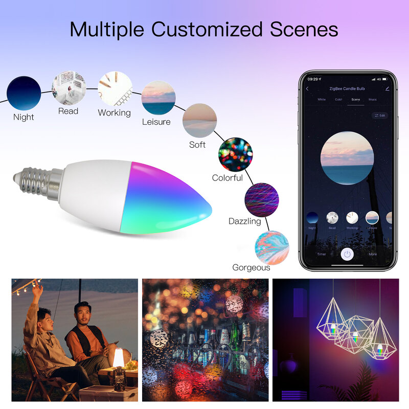 MOES-Ampoule LED Zigbee E14, Lampe Bougie Intelligente, 5W, RGBCCT, 2200-6500K, Lumière Dimmable, Tuya, Alexa, Google Voice Control