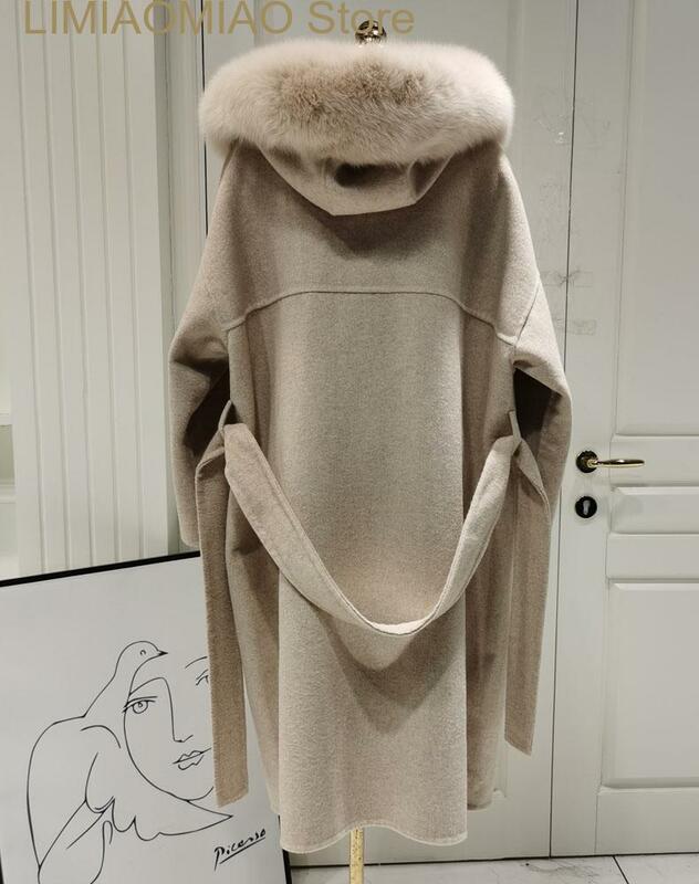 Nen längerer Stil Woll mantel mit Kapuze und echtem Fuchs pelz kragen Damen Winter warme Kaschmir mäntel übergroße Schärpen Umhang