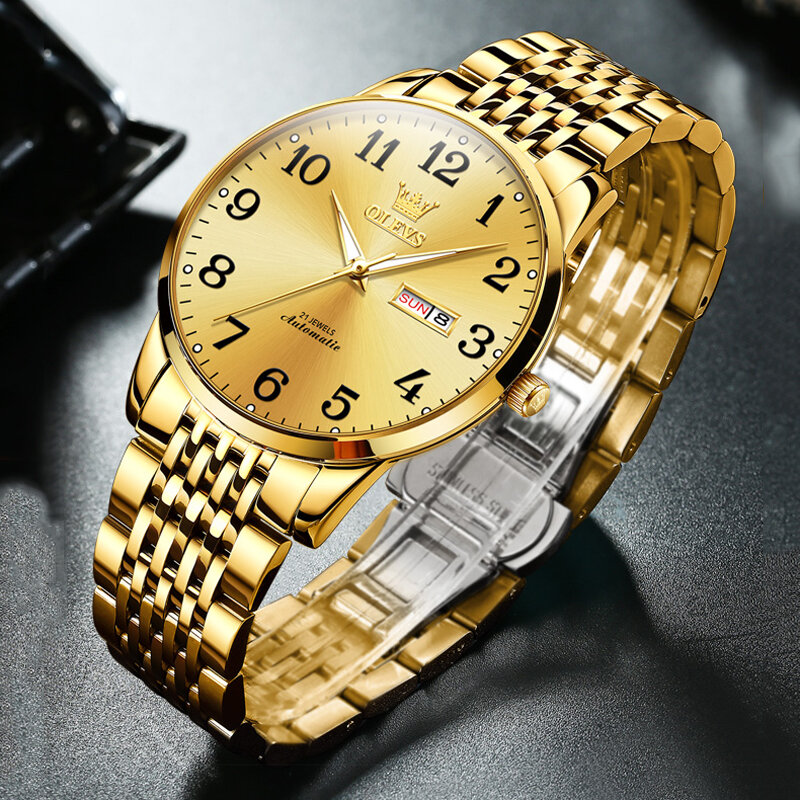 OLEVS jam tangan mekanis pria, arloji Stainless Steel tahan air, tanggal bisnis, emas