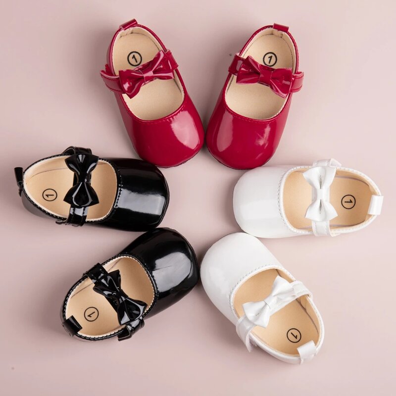 Bebê recém-nascido PU Anti-Slip Bowknot Shoes, Sapatos clássicos Princess Dress, Toddler First Walker Crib Shoe, Meninas infantis