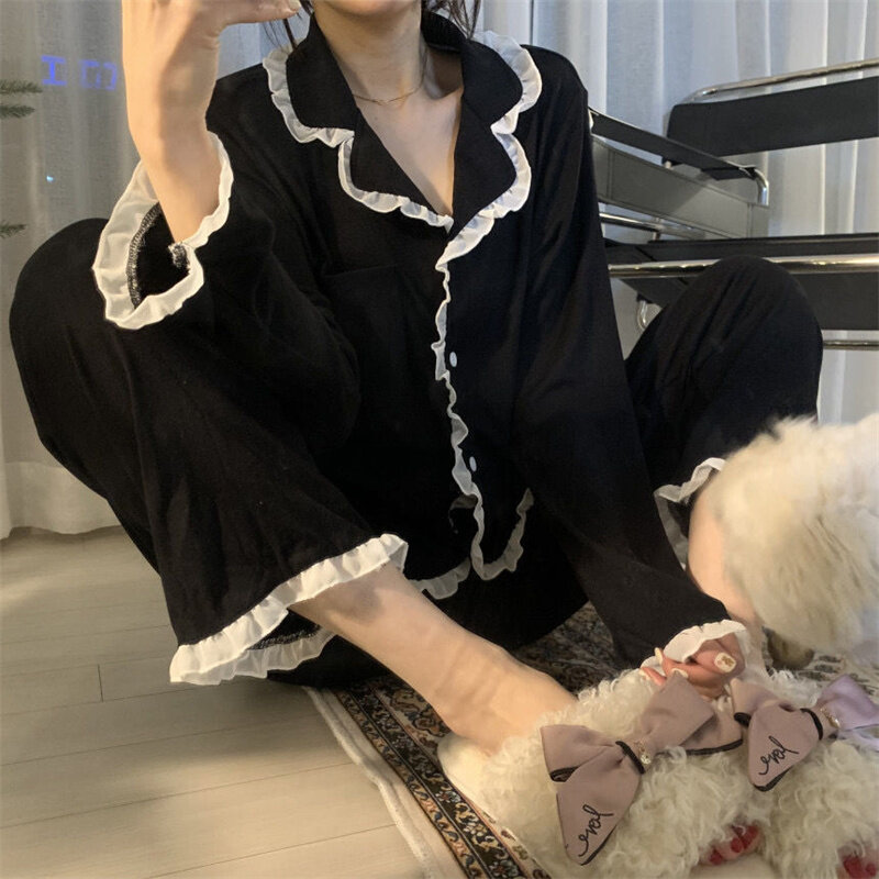 Calça de pijama casual macia feminina, manga comprida, loungewear preto, conjunto de duas peças, cardigã de renda, pijama doce, primavera, outono