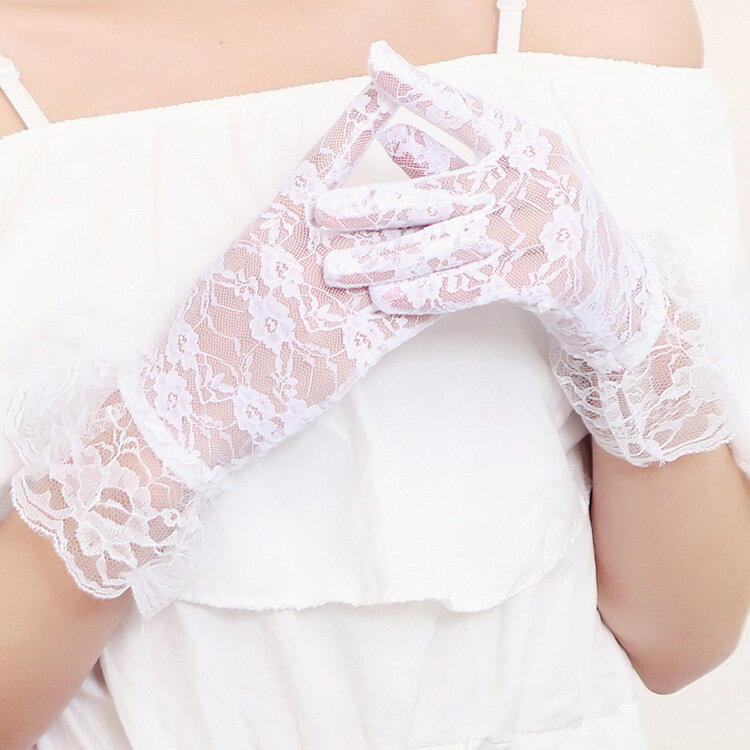 Kobiety seksowne koronkowe krótkie tiulowe rękawiczki eleganckie Lady lotosowe rękawiczki Ultra cienkie, w kwiatki elastyczne rękawiczki pełne mitenki