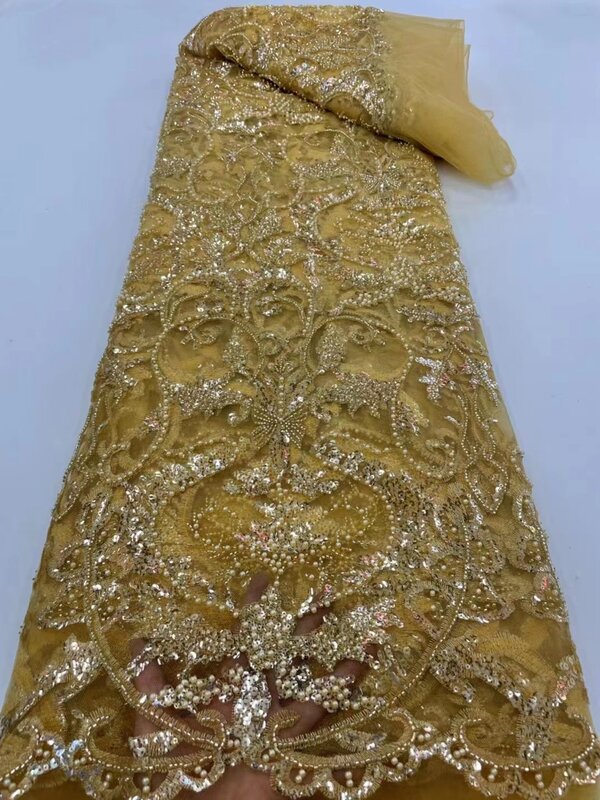 Высококачественная искусственная ткань с бусинами-трубками и блестками, вышивка, французское Сетчатое кружево для вечерние ринки, свадьбы, 5 ярдов