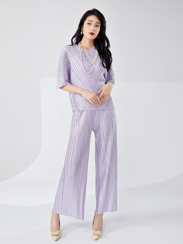 LANMREM Pleated Sequin Two-piece Set For Women O-neck Half Sleeves Solid Color Tops With Casual Pants 2024 Summer New 2Z1368