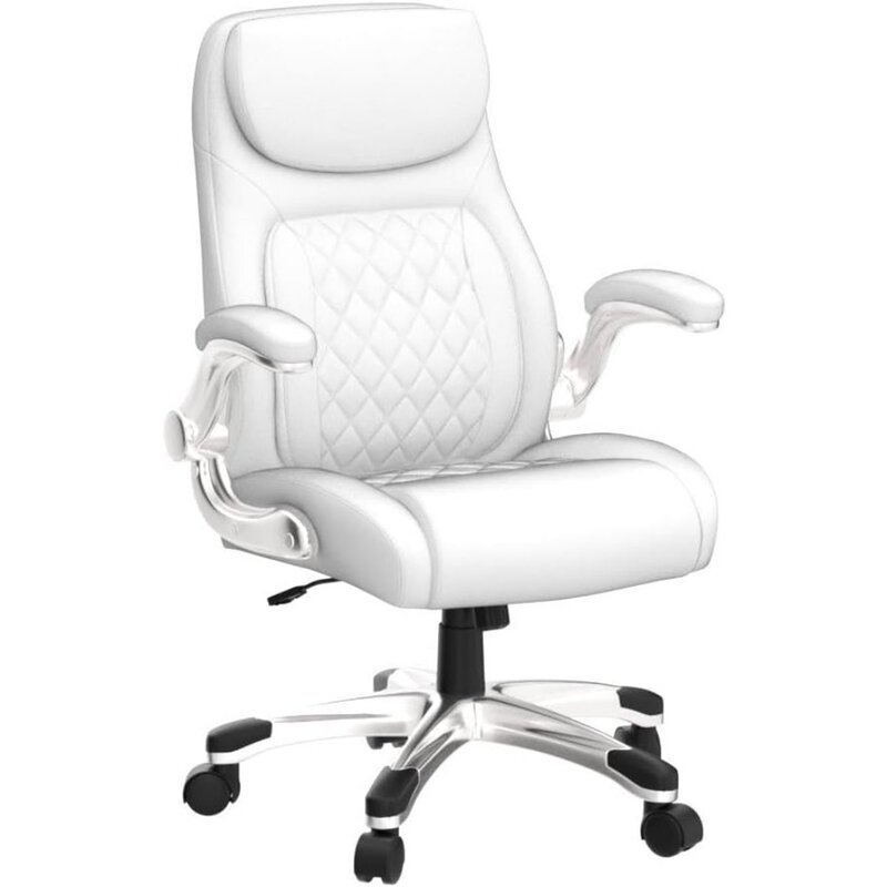 Kursi kantor kulit ergonomis, penopang pinggang 5 klik dengan sandaran lengan, kursi eksekutif Modern, dan meja komputer dan kursi (putih)