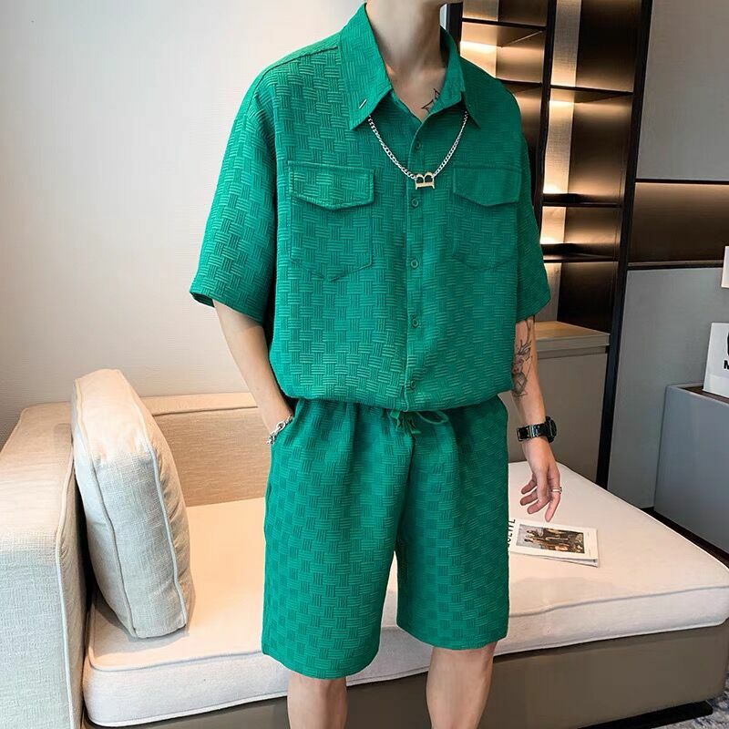 Комплект мужской из 2 предметов, рубашка с коротким рукавом и шорты в клетку, мозаичная Повседневная шикарная спортивная одежда, в Корейском стиле, лето