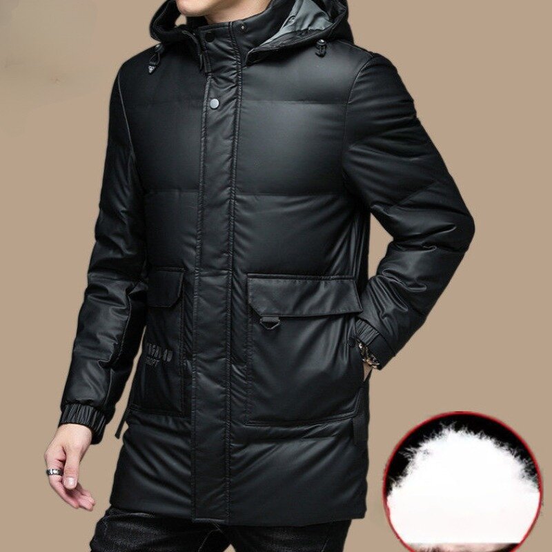 Jaqueta masculina brilhante de comprimento médio, parkas soltas, casaco quente grosso, outwear de lazer, casaco com capuz, novo, inverno, 2023