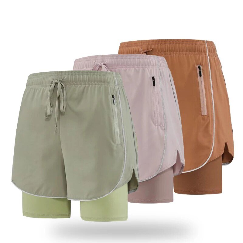 High Waist 2 in 1 Anti-Exposed Gym Sport Shorts Women Quick Dry Badminton Running Tennis Cycling Shorts with Zipper Pocket