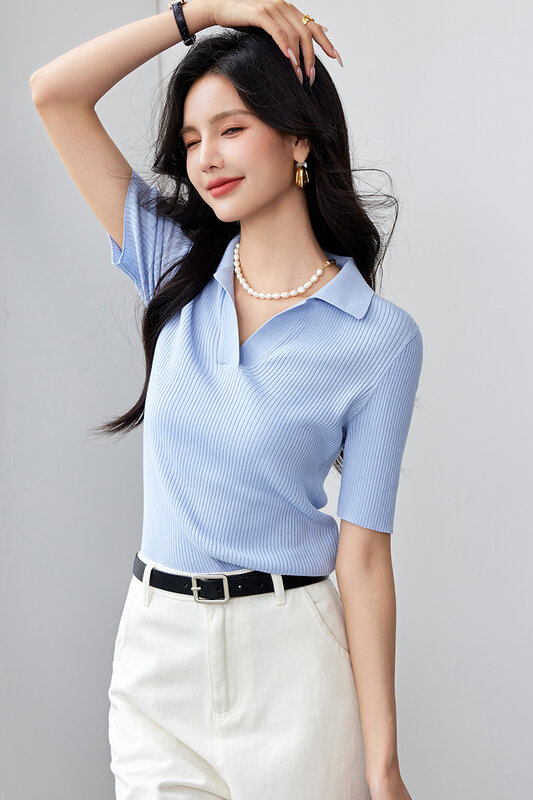 2024 Summer New V-neck Flip Collar Vertical Pit Strip Pullover Women's Slim Fit Knitwear Short Sleeved Top Female Clothing
