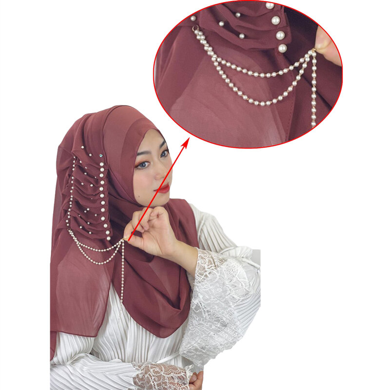 Chales de hombro musulmanes para mujer, Hijab envolvente, bufanda larga con borlas y cuentas, chales de gasa, ropa islámica, pañuelo sólido para la cabeza