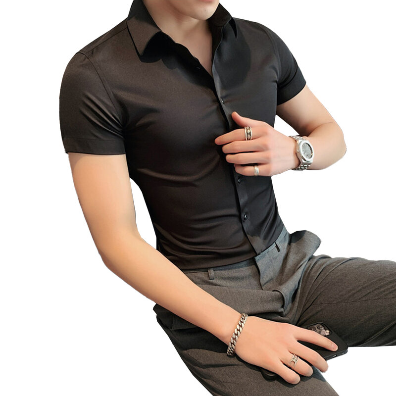 Chemise habillée en polyester à manches courtes pour hommes, chemise régulière, coupe couvertes, chemisier uni, document confortable, mode, 1 pièce