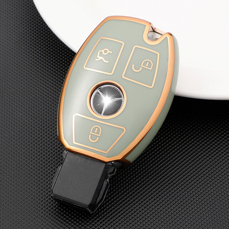 ใหม่ปลอกกุญแจสำรองนิ่ม TPU สำหรับ Mercedes Benz ใหม่3ปุ่มเคสกุญแจรถยนต์พร้อมสายสีทองกุญแจอุปกรณ์เสริมกระเป๋า