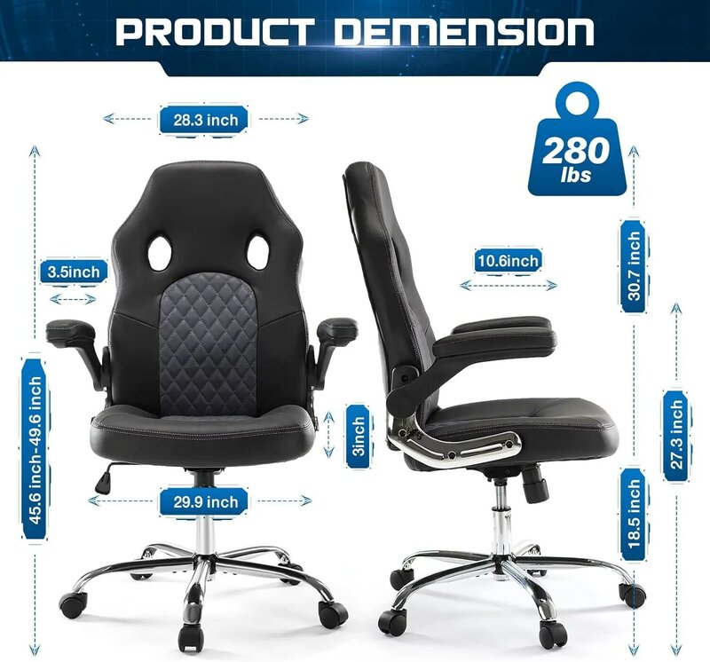 Cadeira de escritório giratória ergonómica para jogos, cadeira de secretária para computador, encosto alto, ajustável, com braços flip-up