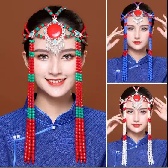 Aksesori rambut pengantin wanita hiasan kepala bermanik Pernikahan Mongolia Tiongkok