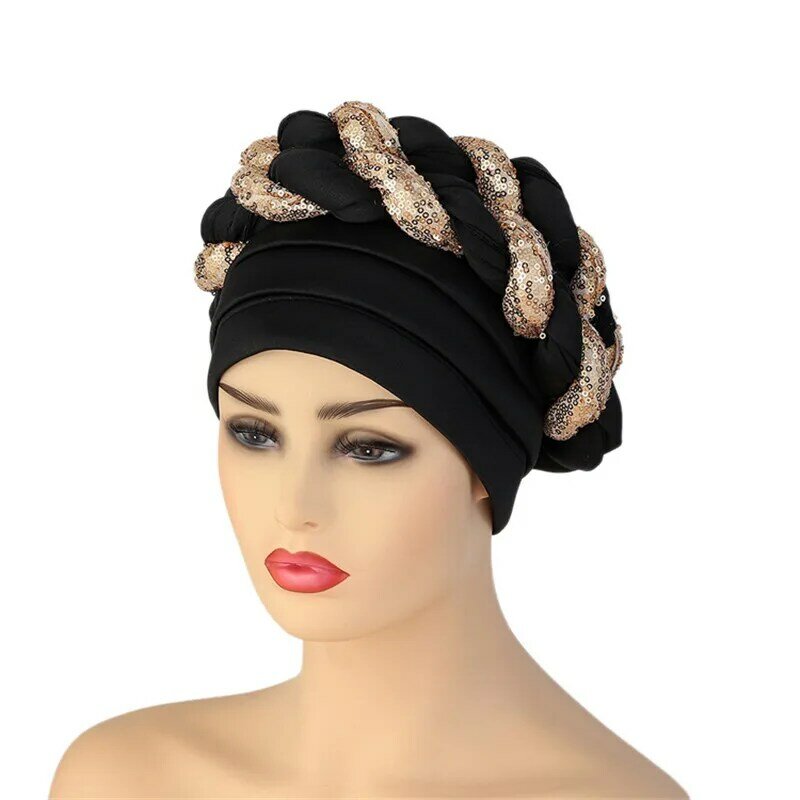 ล่าสุดแอฟริกัน Auto Geles Headtie แล้ว Made Headties Shinning Sequins หมวก Turban สำหรับผู้หญิงพร้อมหญิงหัว Wraps