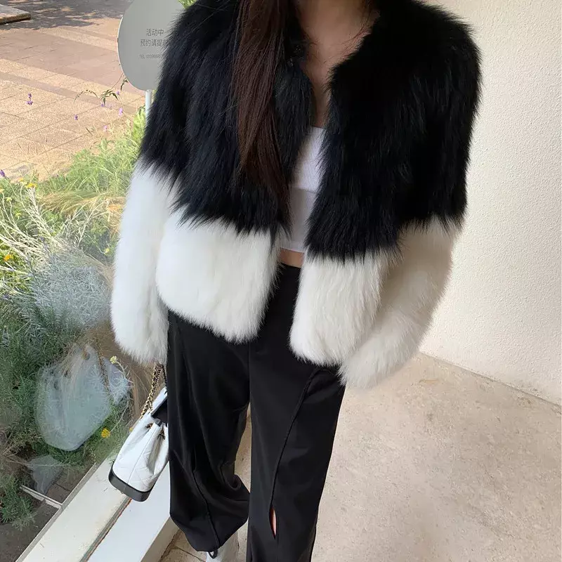 Collarless Contrast Color Faux Fur Short Jacket Coat for Women Fashion Warm Fake Rabbit Hair Outerwear