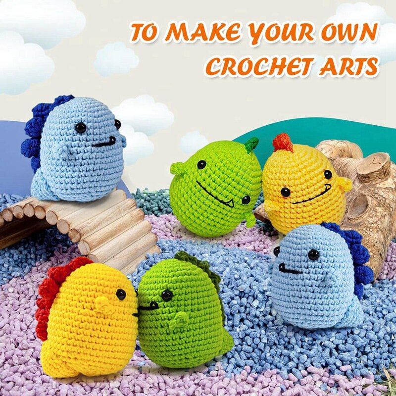 Conjunto de crochê para iniciantes, Animal Kit com detalhe vídeo ilustração, dinossauro bonito Crochet, iniciante, conjunto de 6