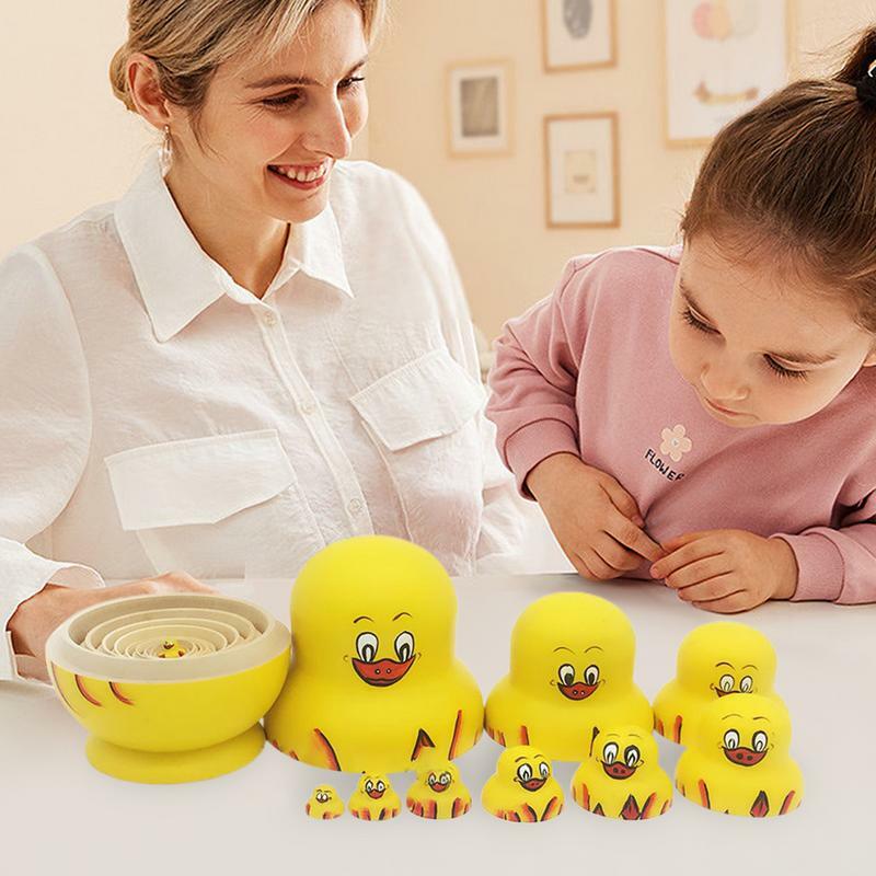 Muñecas de anidación de pato para niños, juguetes de anidación de pato ruso, 10 piezas, tilo, patrón de animales, regalo del Día de San Valentín