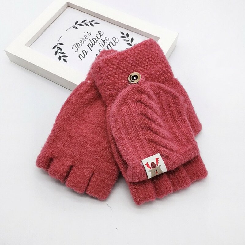 Cute Cartoon Soft Children Knitted Gloves Thicken Boys Girls Baby Mittens Winter Outdoor Kids Half Finger Flip Gloves guantes