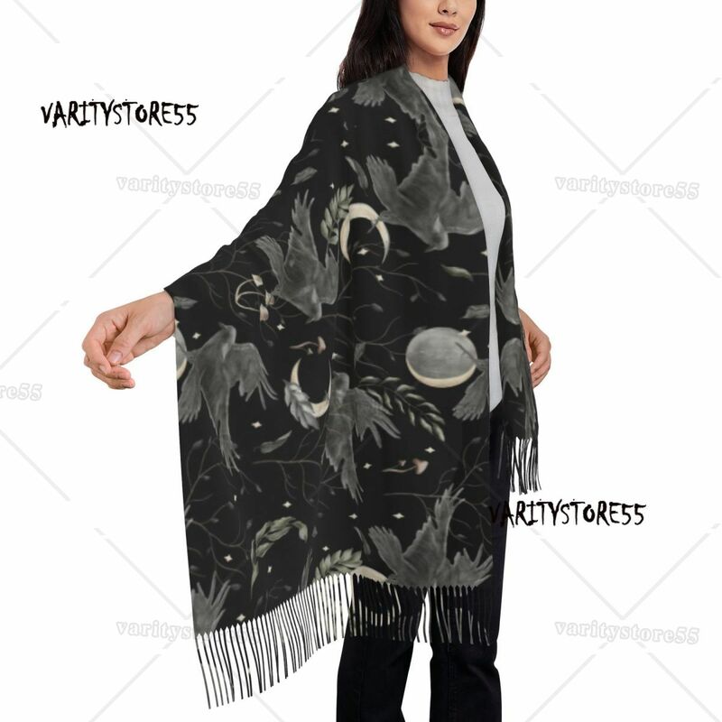 Bufanda de luna de cuervo para mujer, chal largo con borla cálida, bufandas de bruja escalofriante, invierno y otoño, Unisex