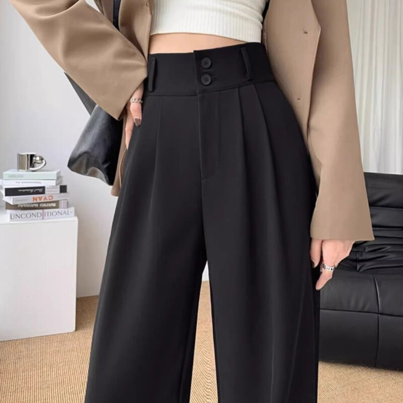 Celana kaki lebar wanita, Bawahan hitam pinggang tinggi gaya Korea, baju kantor longgar abu-abu untuk perempuan