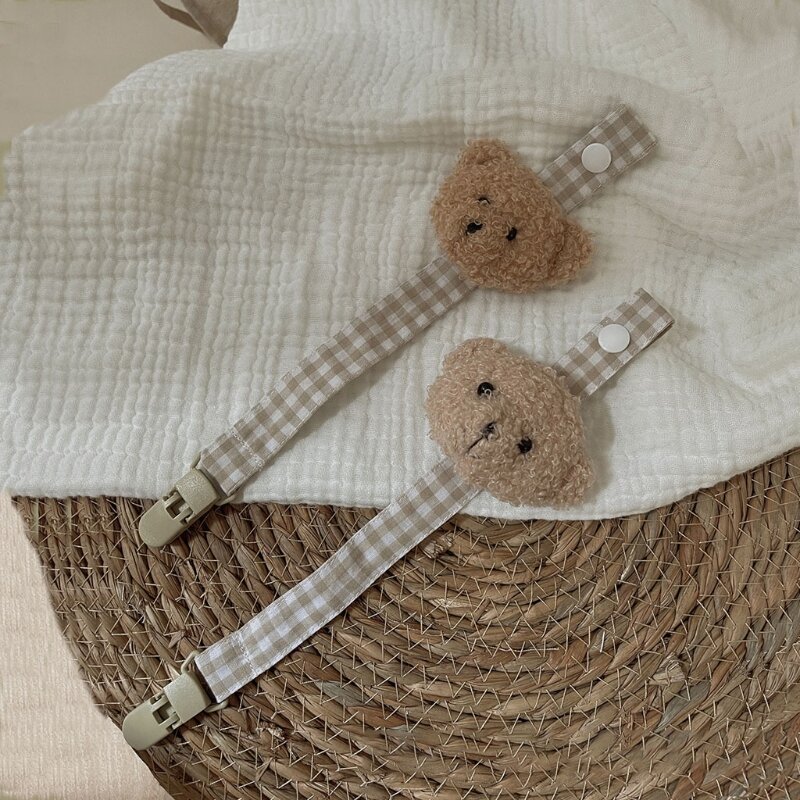 Bonito oso a cuadros algodón, cadena con Clip para chupete, mordedor para bebé, soporte para chupete, Clip DIY, soporte para