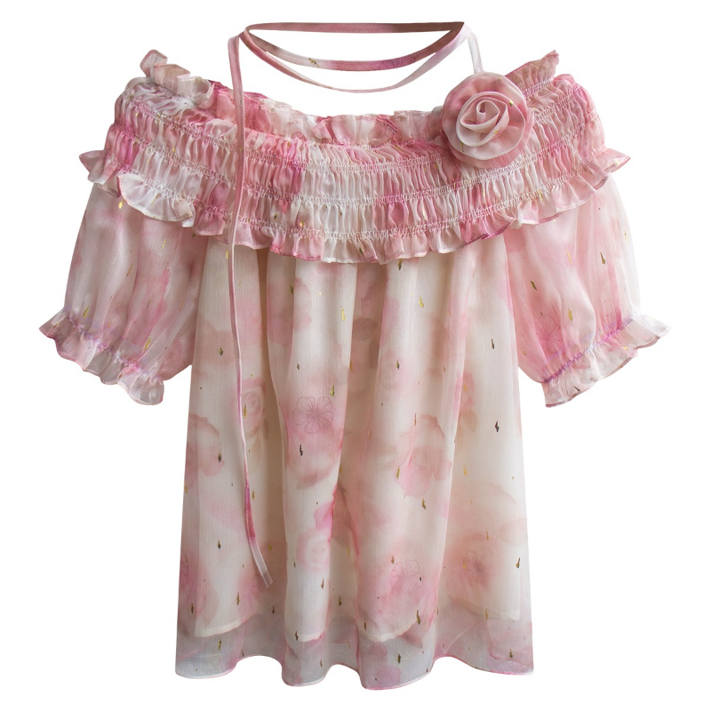 Chemise plissée en mousseline de soie à fleurs pour femmes, manches courtes françaises, élégante et décontractée, douce et sexy, été, Y-26979