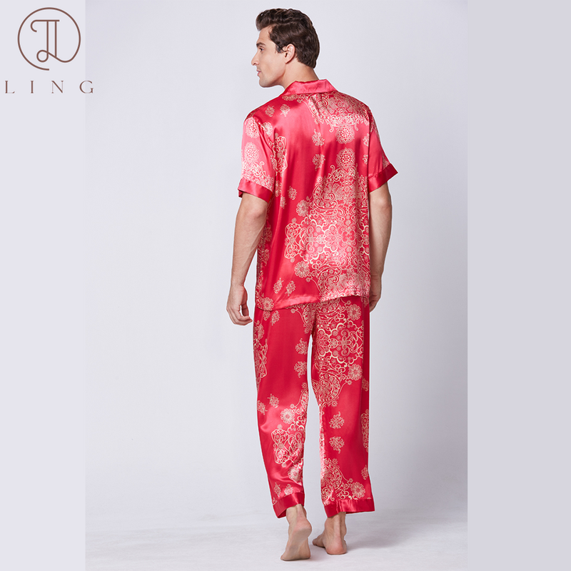 Ling-Conjunto de pijama de satén de seda para hombre, ropa de dormir de media manga, conjuntos de dos piezas, M-XXXL de cintura elástica de talla grande