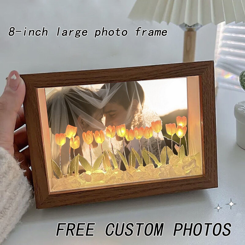 Lámpara de espejo de tulipanes de fotos personalizadas gratis, marco de fotos de flores de simulación DIY para decoración de dormitorio, lámpara artesanal para dormir, regalos románticos