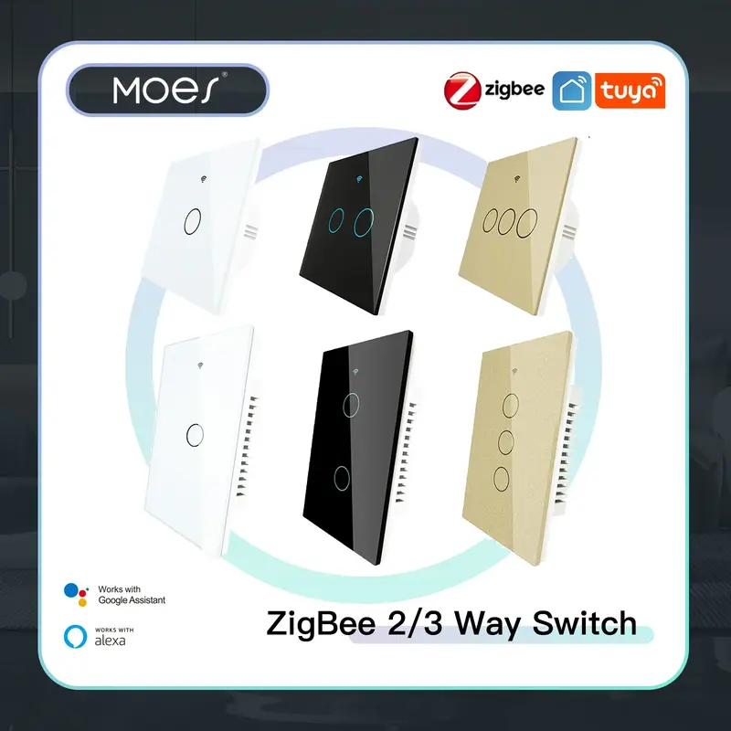 ZigBee-Wall Toque Interruptor de Luz Inteligente, Sem Capacitor, Neutro, Não Neutro, Funciona com Tuya, Alexa,Google Hub Obrigatório