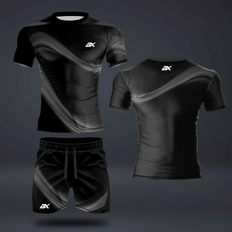 Y2K Conjunto de camiseta informal deportiva para hombre, conjunto de 2 piezas con estampado de armadura de Metal fresco, moda urbana, manga corta y pantalones cortos