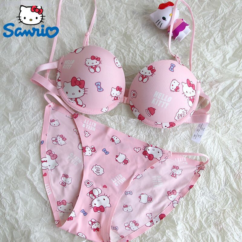 Sanrio Hello Kitty บราและกางเกงชั้นในสายคล้องคอน่ารักชุด2ชิ้นสำหรับผู้หญิงชุดชั้นในเนื้อนุ่มหวานชุดชั้นในสตรีเซ็กซี่