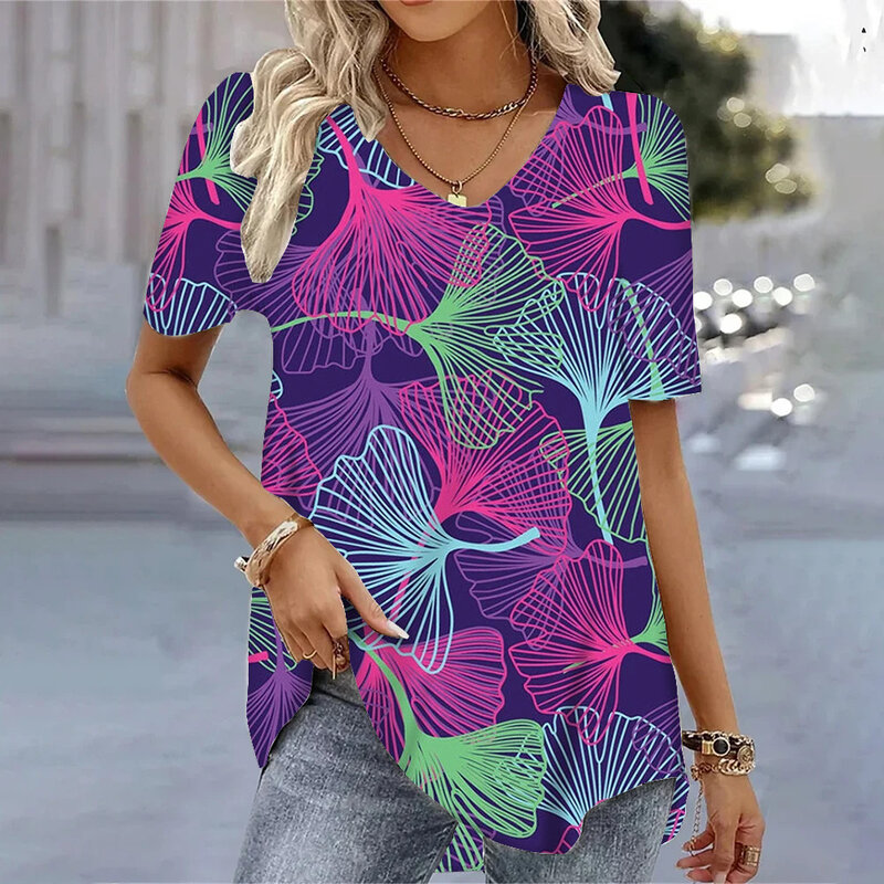 Camiseta feminina Bohemia 3D estampada, gola V, tops de manga curta, blusa da moda, estilo havaiano, roupas de verão, venda quente