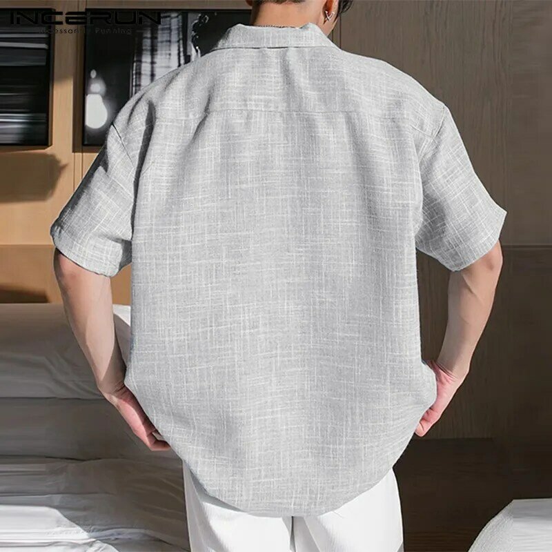 INCERUN-Camisa masculina de lapela de manga curta, monocromática, roupa casual, streetwear, estilo coreano, camisas de lazer, moda verão, S-5XL