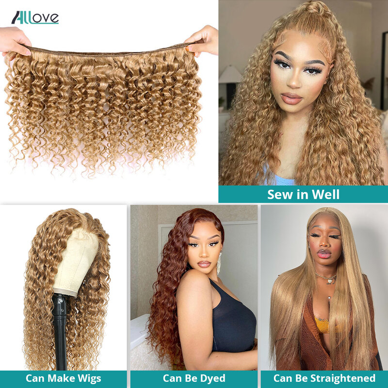 Allove 27# Honey Blonde Bulk For Braiding Brazilian Deep Wave Bulk Human Hair 1 3 4 Piece Colored Remy Hair Extensions For Women