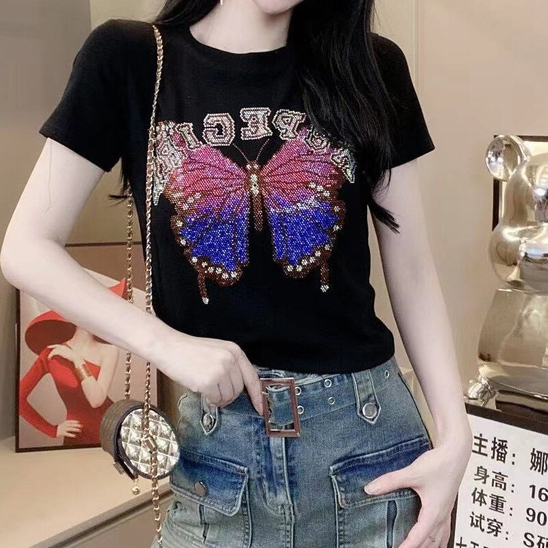 Fashion Diamonds Interior Lapping Summer Slim O-neck Pullovers Ladies Casual Short Sleeve Women's Clothing Solid Color T-Shirts