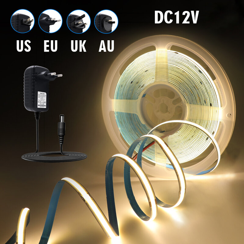 12V COB LED Strip com Switch Power Kit, Fita de Iluminação Linear de Alta Densidade, EUA, UE, Reino Unido, AU Plug, Fita Leve Flexível, Ra90, 320 Leds, Novo