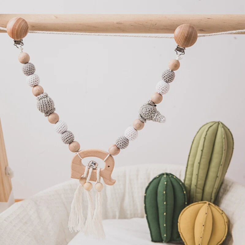 Baby Wooden Pacifier Clip Chain Teether Toys Crochet Elephant Beads Stroller Hanging Pendant Cart Chain Nipple Clip Teether Toys