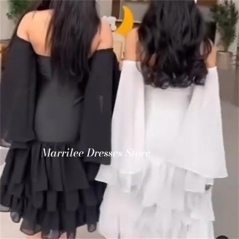 Marrilee Elegant Short Black Strapless Chiffon Mermaid Evening Dresses Charming Knee Length Pleated Detachable sleeves Prom Gown