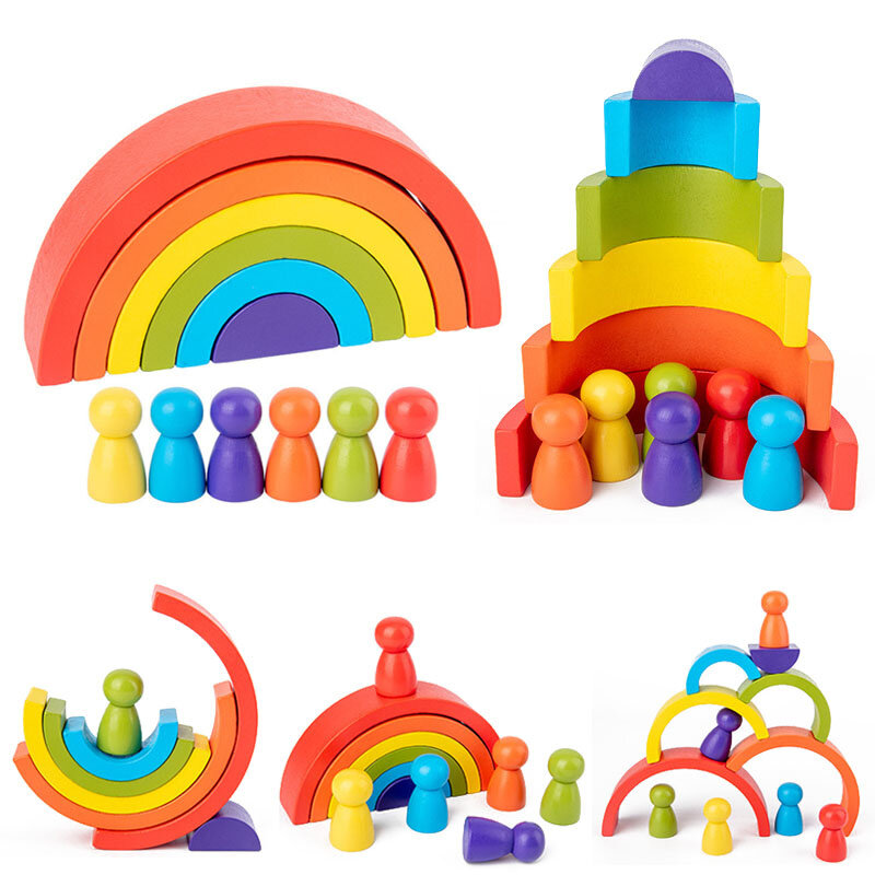 Rainbow Montessori Brinquedos de madeira para bebês Empilhamento Blocos de brinquedo Round Shape Construction Tower Kids Educational Learning Toy