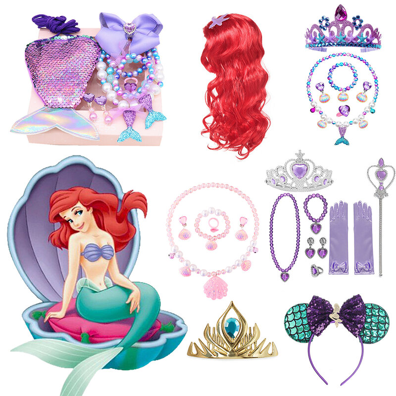 Accesorios de sirena, conjunto de joyería, monedero de lentejuelas, collar, pulsera, lazo, pinza para el pelo, pendientes de concha, regalo para niñas de princesa Elsa