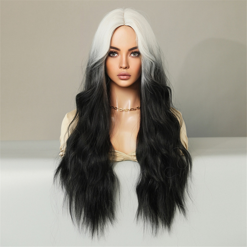 Cabelo longo encaracolado para mulheres, peruca repartida no centro com Franja, Ondulação de Água, Fibra Química, Gradiente Branco Preto, 70cm