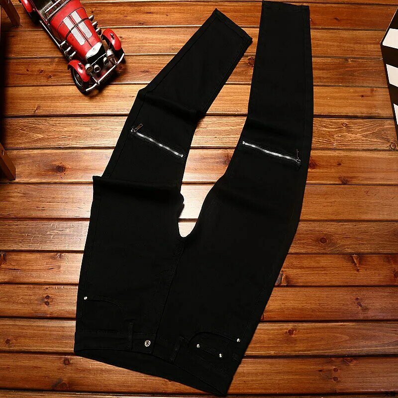 Calça jeans preta masculina, design com zíper, tendência de rua, personalidade, slim fit, skinny, elegante, stretch, high-end, calça casual