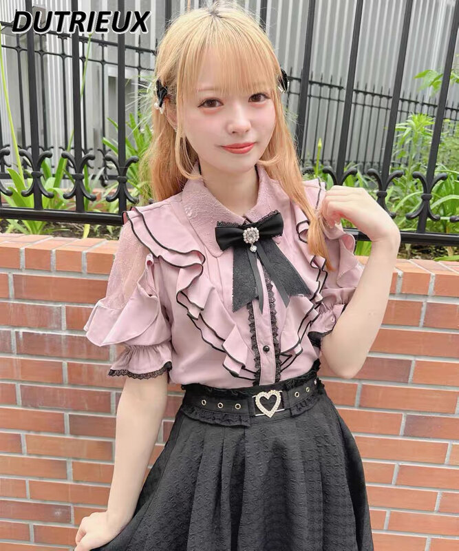Rojita Japanese Mine Style Sweet Cute Girls Short Sleeve Shirt Lace Double-Layer Ruffled Off-the-Shoulder Bow Womens Tops