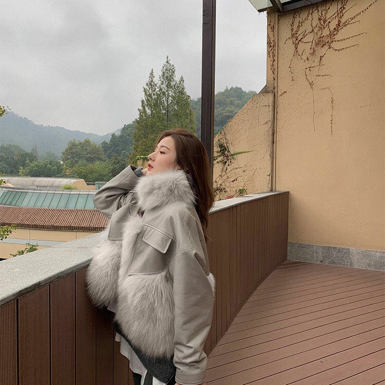 Mantel wanita Korea bulu rubah simulasi, kulit tiruan wanita kantor Korea ritsleting musim dingin kerah lipat panjang penuh tetap hangat mantel musim dingin